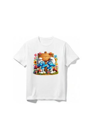 Urbantrendstore Şirinleer Unisex Kız Çocuk Erkek Çocuk Bisiklet Yuvarlak Yaka Basic Kısa Kollu %100 Pamuk Tişört Beyaz