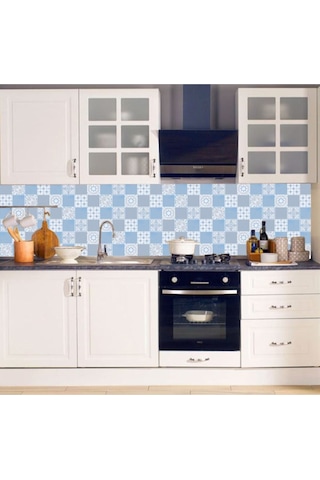 Tezgah Arası Mutfak Kendinden Yapışkanlı Folyo Kaplama Modern Fayans Desen Mavi 60cmx100cm