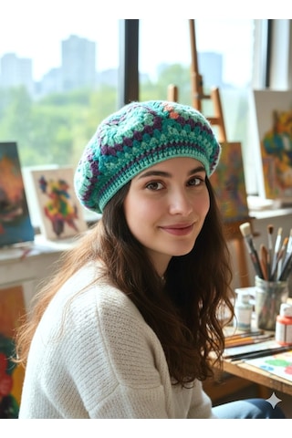 El Yapımı Ressam Beresi , Kadın Ressam Bere, Renkli Kadın Bereleri Mor - Yeşil