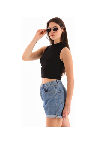 Kadın Likralı Kolsuz Crop Bluz Siyah