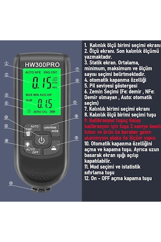 Valkyrie Hw-300 Pro Kaplama Kalınlığı Ölçer 0-2000 Μm Ölçüm Aralığı, Fe/nfe Algılama, Arka Aydınlatmalı Lcd