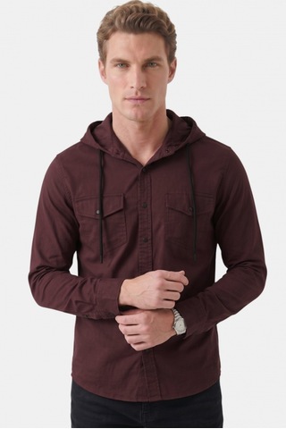 Deep Sea Deepsea Mürdüm Kapüşonlu Likralı Kot Gömlek Slim Fit Çıt Çıt Kapamalı Erkek Gömlek 2300396