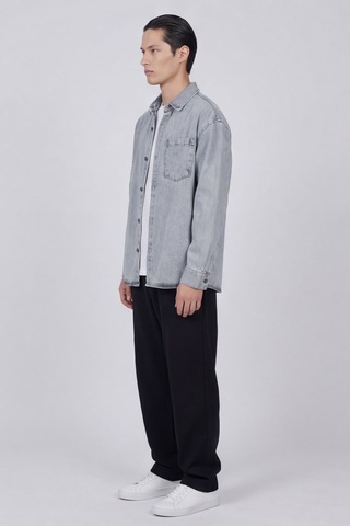 Sabri Özel Erkek Açık Gri Normal Kesim Regular Fit Pamuk Torba Cep Uzun Kollu Denim Ceket Gömlek