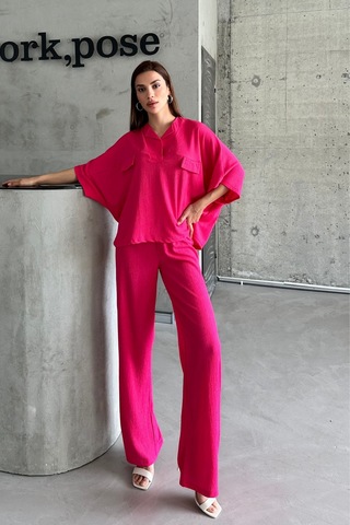 Kadın Fuşya Yarasa Kol Sahte Cep Bürümcük Alt Üst Palazzo Takım Fuşya