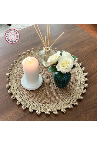 Uretti - Hacer 8870 El Yapımı Payetli Bej Renk Pamuk İp Dekoratif Supla - 39 X 39 Cm Bej - Kahverengi