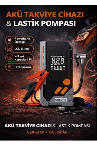 Akü Takviye Cihazlı Lcd Ekran Digital Gösterge Ledli Powerbank Özellik Araç Lastik Şişirme Pompası -