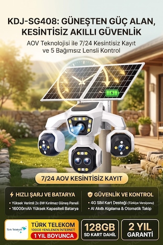 5 Kameralı Güneş Enerjili 18x Optik Zoom Solar Panelli Profesyonel Dış Mekân Güvenlik Kamerası 100tt