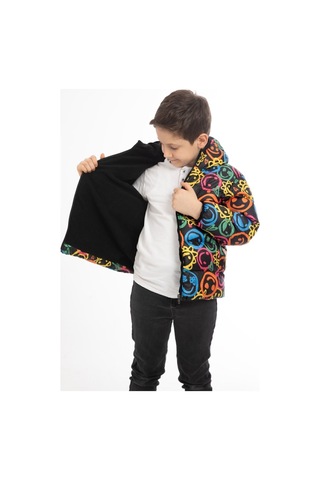 Erkek Çocuk Gülen Emoji İçi Polarlı Kürklü Su Ve Rüzgar Geçirmez Kapüşonlu Cepli Kışlık Şişme Çok Renkli