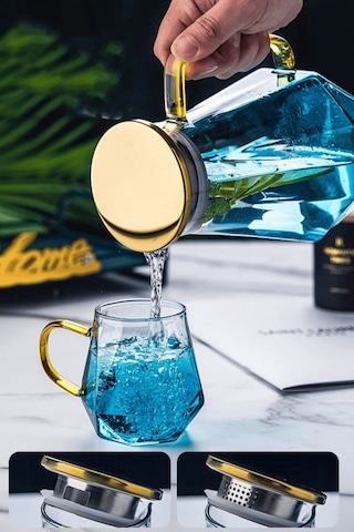 7 Parça Cam Meşrubat Takımı Süzgeçli Sürahi Ve Bardaklar 2 Litre Meşrubat Takımı