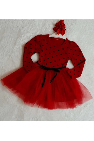 Kız Çocuk Kırmızı Uzun Kol Puantiyeli Doğum Günü Özel Gün Yılbaşı Hediye Abiye Günlük Prenses Elbise Kırmızı