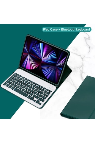 Apple Uyumlu iPad Pro 4. Nesil M2 2022 11 Inç Bluetooth Klavyeli Kılıf Kalem Bölmeli Türkçe Klavye Koyu Yeşil