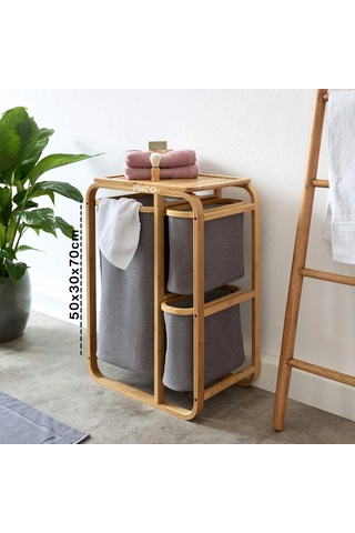Ahşap Bambu 3 Bölmeli Çamaşır Sepeti 50x30x70 Cm Beyaz