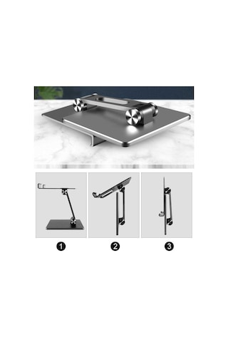 Masaüstü Telefon Tablet Standı Ağır Metal Taban, Katlanabilir, 180 Dönen Çift Dirsekli Tutucu Gümüş