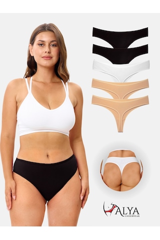 Alya Underwear Kadın Bato Tanga Pamuklu Külot, Büyük Beden String, 5'li Paket- 2 Siyah, 1 Beyaz, 2 Ten Renkli P02