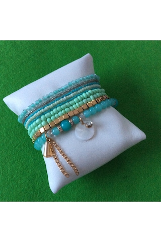 Çoklu Boncuklu Lastikli Yeşil Turkuaz Renk Çok Renkli