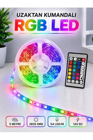 Rgb Şerit Led 5 Metre 12v 2835 Smd Kumandalı Renkli Oda Ve Ev Aydınlatması Çok Renkli