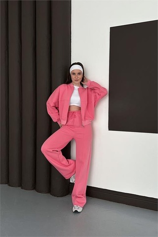Neşeli Butik Kadın Pembe Fermuarlı 3 İplik Eşofman Takımı Nbesf01 Pembe