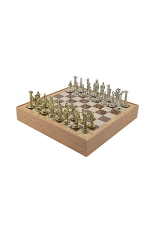 Ayrex Büyük Boy Metal İngiliz Satranç Takımı Parlak Ve Rustik Desenli Sandıklı Mdf Tahtası 36x36x6 Cm.