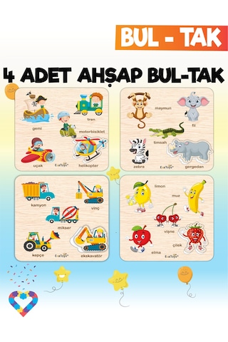 Eğitici 4 Adet Bul-tak Oyuncak Orman Hayvanları, İş Makineleri, Meyveler Ve Taşıtlar
