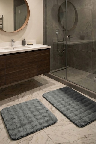 2 Li Peluş Bubble Banyo Paspas Seti 60x100+50x60 Cm Kaymaz Lateks Taban, Yumuşak Yüzey, Yıkanabilir Antrasit