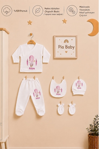 Pia Baby Kız Bebek İsimli Hastane Çıkışı Seti 5'li Zıbın Takımı Penye Bebek Battaniyesi Ve Ham Bez Kıyafet Kesesi 2005bzk3x Ekru