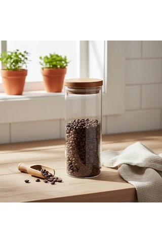 Doğal Akasya Ahşap Kapaklı Borosilikat Cam Kavanoz - 350 Ml Vakumlu Yuvarlak Baharatlık, Çay Ve Kahve Saklama Kabı Çok Renkli