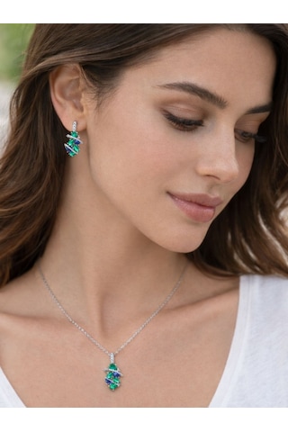 Brezza Lusso Jewelry Zümrüt Oval Taşlı Luxury Kadın Gümüş Kolye Küpe Set
