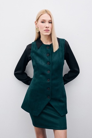 Sateen Düğmeli Uzun Süet Yelek - Zümrüt-135507 Zümrüt Zümrüt Yeşili