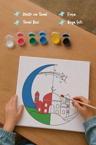 Mavi Hilal İçinde Cami Şövalesiz Boya Seti 20x20