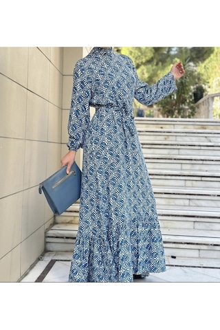 Lasorella Butik Desenli Mavi Uzun Elbise