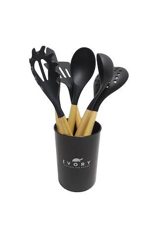 Ivory Doğal Bambu Saplı %100 Silikon Mutfak Seti 6 Parça Siyah