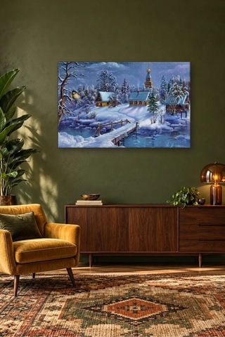 Fida Karlı Köyde Kubbeli Kilise Ve Ahşap Köprü Canvas Tablo Çok Renkli