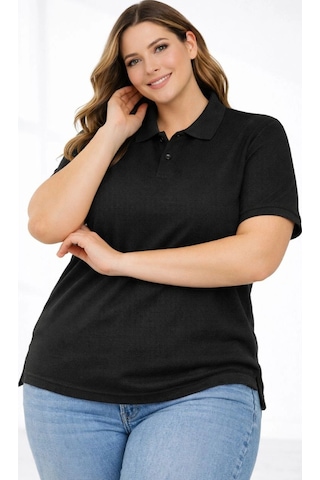 Wear Vexel Kadın Battal Beden Tişört Polo Yaka Pike Kumaş Kısa Kol T-shirt - Siyah Siyah