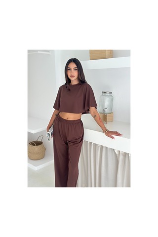 Gugus Yazlık Takım - Alt Üst Kadın Dokulu Kumaş -baggy Pantolon + Salaş Üst Kahverengi