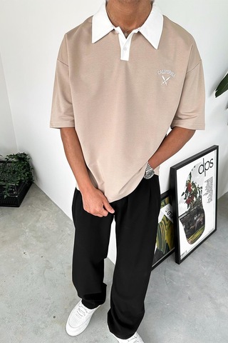 Krem California Polo Yaka Outplenty Premium Oversize Tişört Krem
