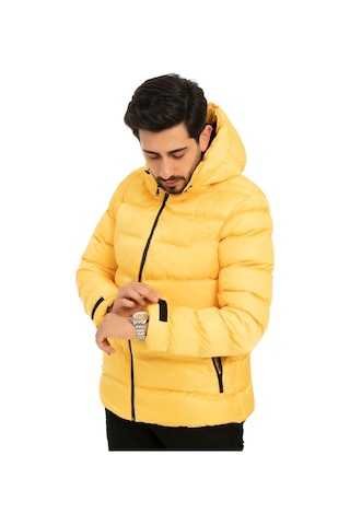 Erkek Kapüşonlu Polarlı Kürklü Su Geçirmez Rüzgara Dayanıklı Şişme Mont Kaban Parka Sarı