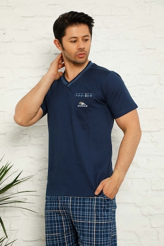 Farya Home Dreamy Ekoseli Kısa Kollu V Yaka Cepli Kapri Bermuda Erkek Pijama Takımı Lacivert