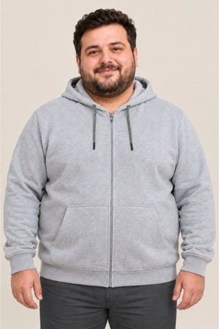 Butik İstanbul Erkek Battal Büyük Beden Üç İplik İçi Şardonlu Kapüşonlu Tam Fermuarlı Kışlık Sweatshirt - Gri
