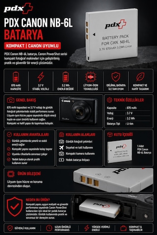 Pdx Canon Nb-6l Batarya Kompakt Canon Uyumlu