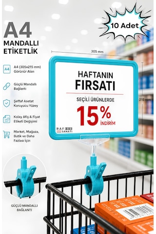 10 Adet - A4 Mandallı Fiyatlık Etiketlik Sepet Raf Askılık Fiyat Etiketi Çerçeveli Market Mağaza Turkuaz