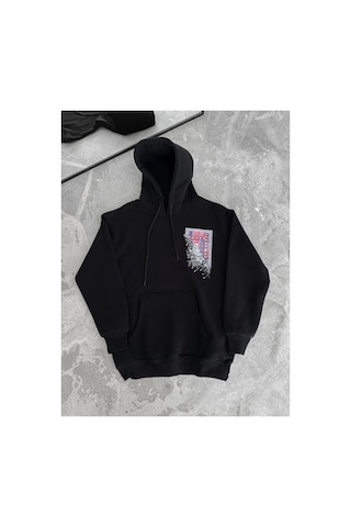 Butik İstanbul Uzun Kol Kapşonlu Ön Ve Arka Baskılı Sweatshirt - Siyah