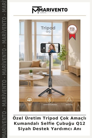 Özel Üretim Tripod Çok Amaçlı Kumandalı Selfie Çubuğu Q12 Siyah Destek Yardımcı Anı