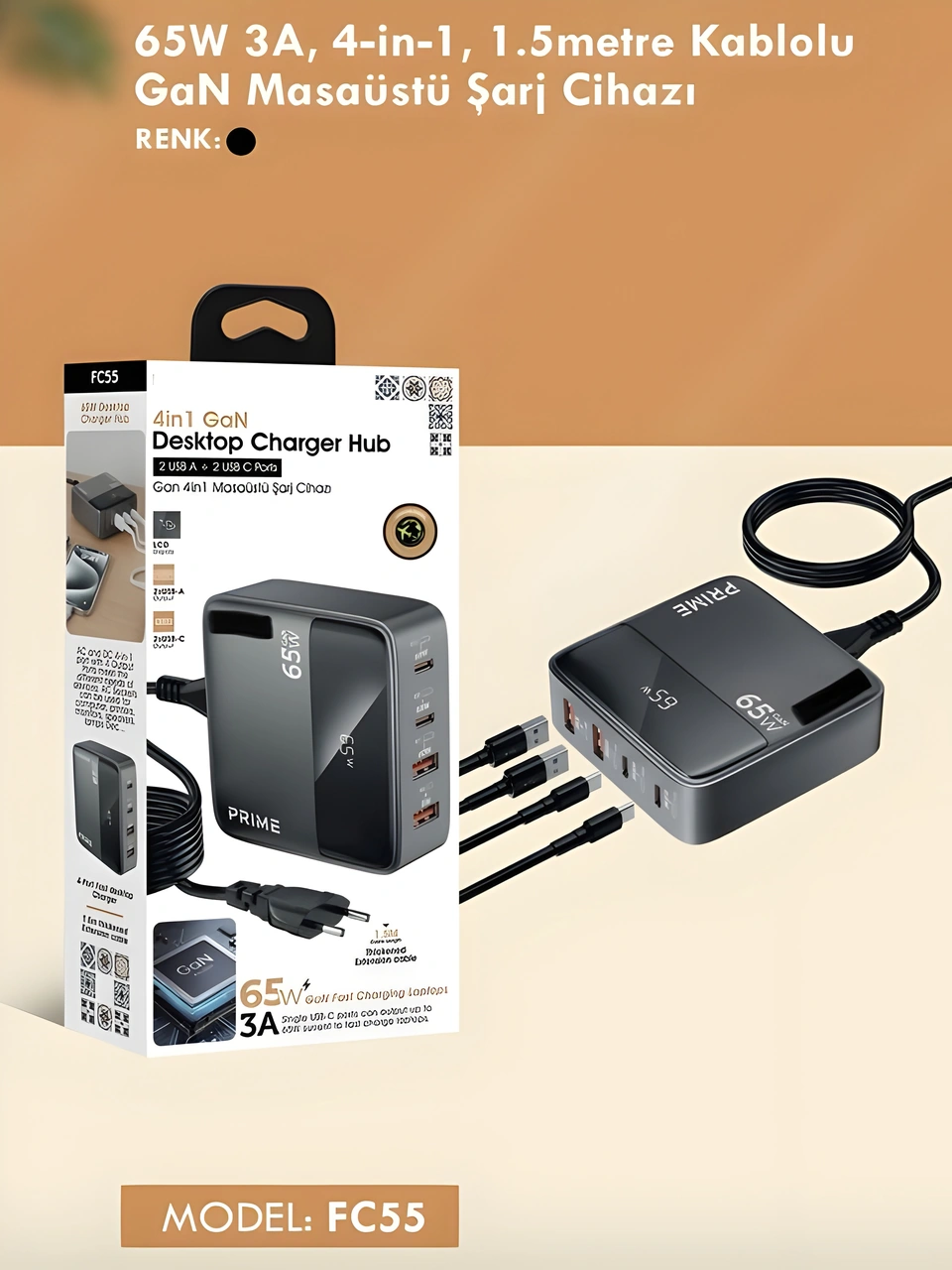 65w Gan 3a 4 Portlu 1,5 Metre Uzatma Kablolu Usb + Type-c Çoklayıcı Masaüstü Şarj Cihazı 1.5 M