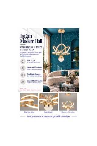 Kelebek 3 Lü Küçük Modern Ledli Avize Çizgili 3 Renk Power Ledli Gold Kaplama Kumandalı Yatak Odası Salon Mutfak