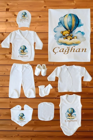 %100 Pamuk Baskılı 10'lu Isimli Organik Bebek Hastane Çıkışı Beyaz