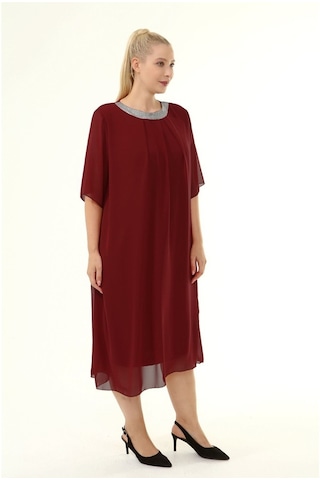 Bordo Büyük Beden Şifon Elbise 16E-1862 Bordo