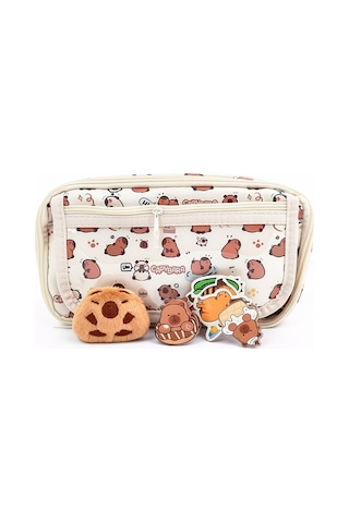 Capybara Desenli Çok Bölmeli Kalemlik - Peluş Bir Broş - 5 Stickers -2 Klips Hediye Bej