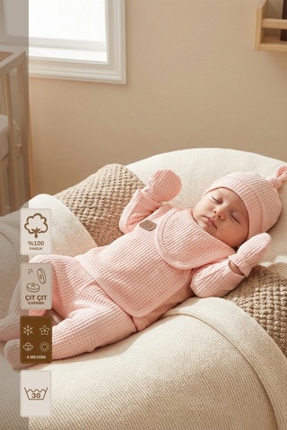 Minory Baby - %100 Pamuk 5'li Hastane Çıkışı Seti Yenidoğan 5'li Set Waffle Kumaş Battaniyesiz Pembe Pembe