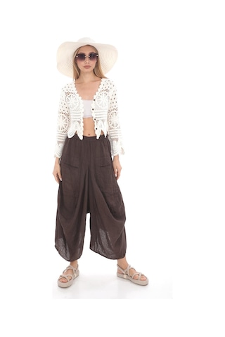Bohem Stil İtalyan Cepli Keten Şalvar Pantolon Cmn00154 Kahverengi