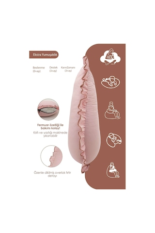 Mordesign Fırfırlı Emzirme Yastığı, Bebek Destek Minderi, Hamile Yastığı, Pamuk Kumaş, Ruffle Seri, Pudra Zg10201